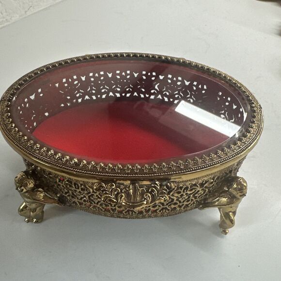 Vintage Ormulu Cherub Vanity Footed Jewelry Trinket Brass Box With Glass Top NIB - Picture 1 of 16